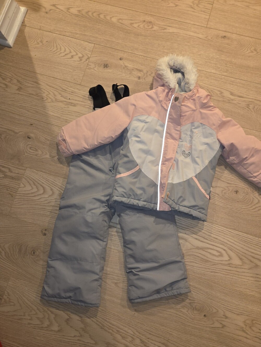 Girls Pink & Gray Heart Snow Suit with Faux Fur Hood (3T)
